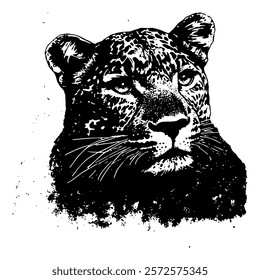 black and white vector portrait of a leopard, rendered with realistic shading and cross-hatching for a bold and lifelike wildlife illustration