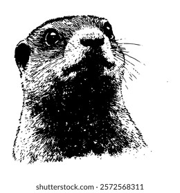 black and white vector portrait of a marmot, showcasing intricate hand-drawn shading and cross-hatching for a detailed and lifelike wildlife illustration