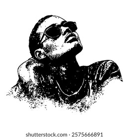 black and white vector portrait of a person in sunglasses, blending a relaxed pose with minimalistic shading, perfect for fashion designs, branding, or contemporary artwork