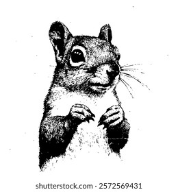 black and white vector portrait of a squirrel, drawn with intricate shading and cross-hatching, showcasing its lifelike features in a detailed and artistic wildlife design