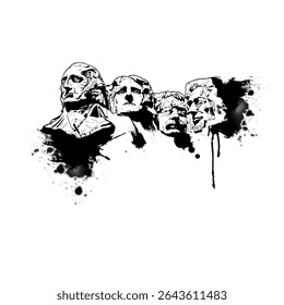 Black and white vector portraits of U.S. presidents from Mount Rushmore with grunge texture. Symbol of American history, strength, and political legacy.