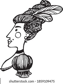 Black and white vector. Profile of a Victorian lady. Suitable for postcards, illustrations, and colorings.