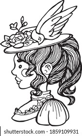 Black and white vector. Profile of a Victorian lady. Suitable for postcards, illustrations, and colorings.