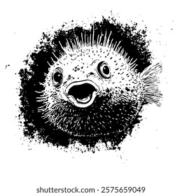 black and white vector of a pufferfish with its quirky expression, highlighting spiky texture and bold details, perfect for marine or cartoon-style designs.