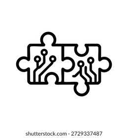 Black and white vector puzzle pieces with circuit board lines symbolizing programming and artificial intelligence integration