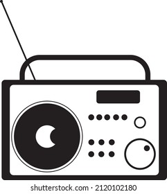 Schwarz-Weiß-Vektorradio-Logo, geeignet für Studio- oder Musik-Radio-Symbole oder Logos. Radio ist ein Einweg-Kommunikationsmittel in der Antike und hat sich zu einem Antiquariat entwickelt.

