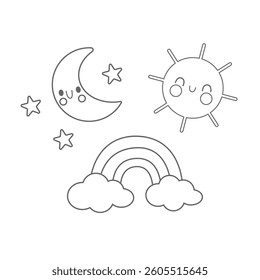 Black and white vector of rainbow, clouds, moon and sun – perfect for children’s coloring books, worksheets and educational materials