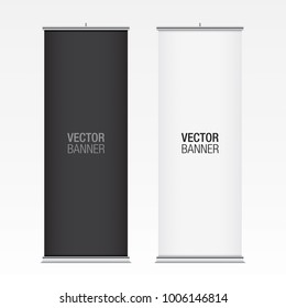 Black and white vector roll-up banners, isolated on a white background. Vertical banner mockups.