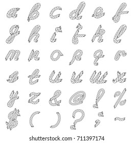 Black and White Vector Rope Alphabet. Letters from the Ropes. Capital Letters and Numbers. Lowercase Letters and Special Characters.