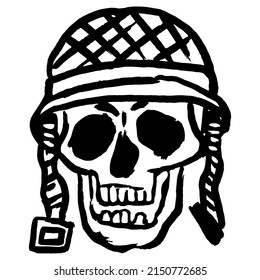 Black and white vector rough sketch of a skull in a helmet. Hand-drawn outline doodle isolated on transparent background
