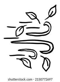Black and white vector rough sketch of leaves flying in the wind. Hand-drawn outline doodle isolated on transparent background