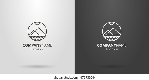 Black And White Vector Round Line Art Mountain Landscape Logo