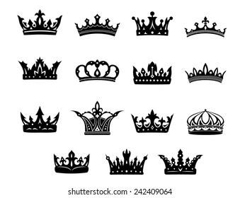 Black and white vector royal crowns set for use in heraldry and decorative design elements for classical antiquity