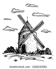 Paisaje rural vector blanco y negro en forma de contorno. Ilustración de un molino de viento en un campo con nubes.