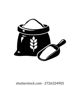 Schwarz-weißer Vektorsack aus Mehl mit Weizensymbol und Schaufelernte Landwirtschaftssymbol