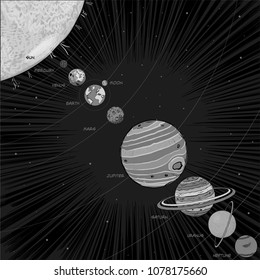 Black and White Vector scheme of the sun and the solar system