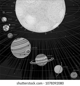 Black and White Vector scheme of the sun and the solar system