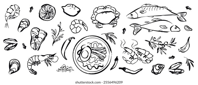 black and white vector seafood set. chalk drawing. hand drawn japanese cuisine. collection of vector food illustrations. 