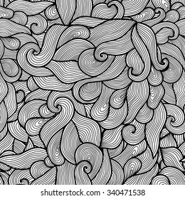 Black and white vector seamless abstract hand-drawn pattern. Wave patterns (seamlessly tiling). Hand drawn seamless wave background