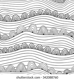 Black and white vector seamless abstract hand-drawn pattern. Wave patterns (seamlessly tiling). Hand drawn seamless wave background