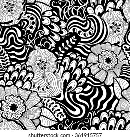 Black and white vector seamless abstract hand-drawn pattern. Wave patterns seamlessly tiling. Hand drawn seamless wave background