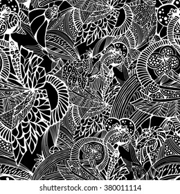 Black and white vector seamless abstract hand-drawn pattern.Hand drawn seamless wave background.exotic pattern. Doodle