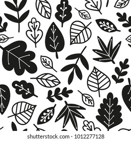 Black and white vector seamless autumn leaves pattern