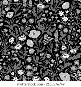 BLACK AND WHITE VECTOR SEAMLESS BACKGROUND WITH A VARIETY OF WILDFLOWERS