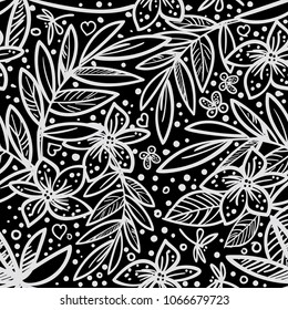 Black and white vector seamless beautiful artistic tropical pattern with tropical leaf, summer beach fun, black and white original stylish floral background print
