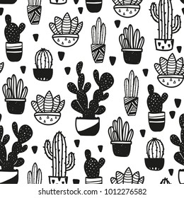 Black and white vector seamless cactus pattern