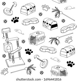 Black and white vector seamless cat house set. Cat bowl, cat toy, cat carrier