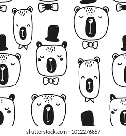 Black and white vector seamless cute bear pattern