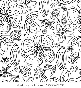 Black and white vector seamless floral pattern hand draw abstract flowers on white background Eps-8