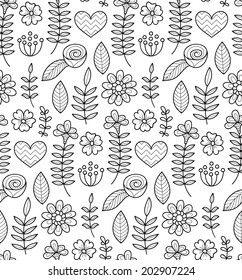 Black and white vector seamless floral pattern. Summer endless background with flowers and hearts