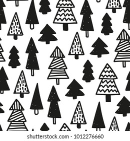 Black and white vector seamless forest pattern, abstract Christmas trees