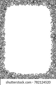Black and white vector seamless vector format A4 from outline images of coral, sea shells and crabs along the edge