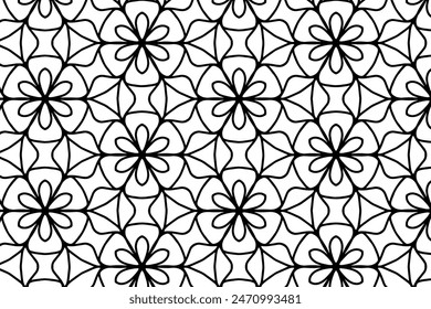 Black and white vector seamless geometric floral pattern featuring interlocking flowers and symmetrical shapes. ideal for use in wallpaper, textiles, and various graphic design projects
