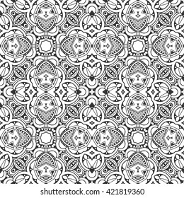 Black and white vector seamless geometric pattern. Abstract graphic lace background, square geometric line pattern tribal ethnic ornament. Bandanna shawl fabric print, silk neck scarf, kerchief design
