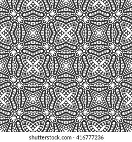 Black and white vector seamless lace pattern. Abstract graphic lace background, square geometric floral pattern, tribal ethnic ornament. Bandanna shawl fabric print, silk neck scarf or kerchief design