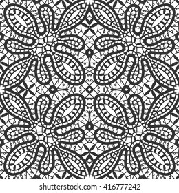 Black and white vector seamless lace pattern. Abstract graphic lace background, square geometric floral pattern, tribal ethnic ornament. Bandanna shawl fabric print, silk neck scarf or kerchief design