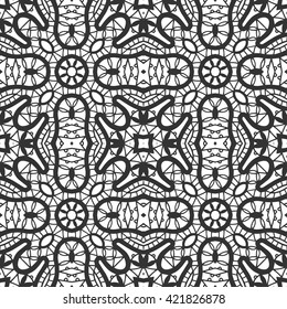 Black and white vector seamless lace pattern. Abstract graphic lace background, square geometric floral pattern, tribal ethnic ornament. Bandanna shawl fabric print, silk neck scarf or kerchief design