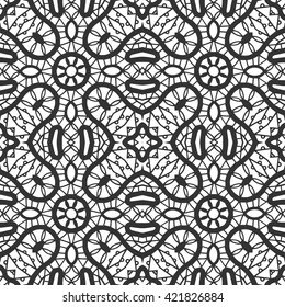 Black and white vector seamless lace pattern. Abstract graphic lace background, square geometric floral pattern, tribal ethnic ornament. Bandanna shawl fabric print, silk neck scarf or kerchief design