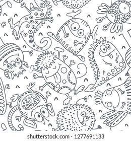 Black and white vector seamless pattern with funny monsters. Cute endless background