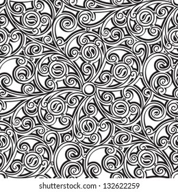 Black and white vector seamless pattern, vintage floral ornament