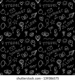 Black and white vector seamless pattern with stylized shapes of summer vacation attributes