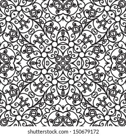 Black and white vector seamless pattern, vintage floral ornament