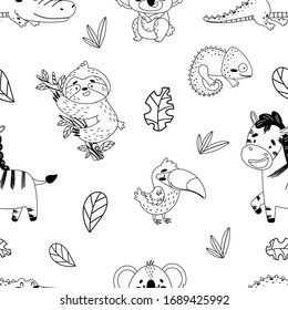 Patrón transparente de vector blanco y negro con animales tropicales lindos. La imagen muestra un cocodrilo, panda, camaleón, pereza, cebra, tocan y hojas de árboles tropicales sobre un fondo blanco aislado