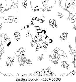 Black and white vector seamless pattern with cute tropical animals. Shows an elephant, a hippo, a tiger, a flamingo, a parrot, a toucan and sheets of tropical trees on an isolated white background