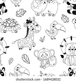 Black and white vector seamless pattern with cute tropical animals. The picture shows a panda, toucan, rhino, turtle, giraffe, monkey, lion and sheets of tropical trees on an isolated white background