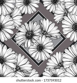 Black and white vector seamless pattern with hand drawn daisy flowers. All elements are grouped and isolated for easier editing. Vector illustration.